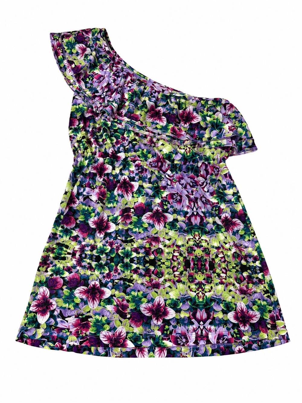 Self Esteem One-Shoulder Floral Ruffle Top in Purple, Green, Pink Size Small